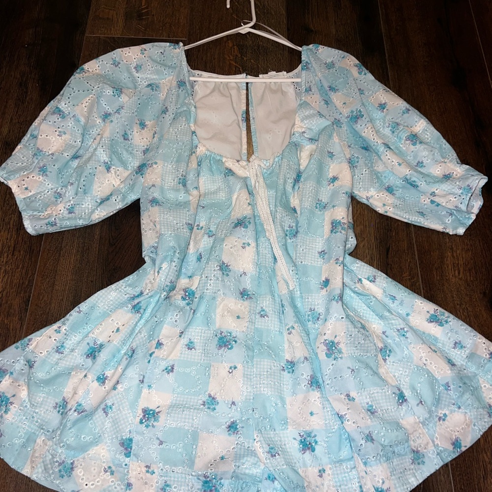 Light Blue Floral Romper with Puff Sleeves